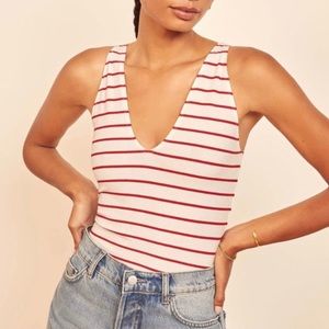 Reformation Maui Tank Top White and Red Stripe Sleeveless V Neck Stretch / XS